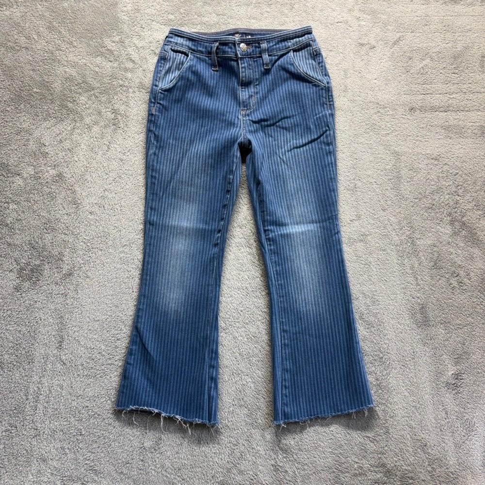 Miss Me Jeans Women 28 Blue Striped Cropped Flare Raw Hem Pinstripe Denim